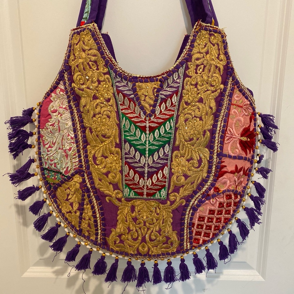 Embroidered Purple Boho Shoulder Bag with Tassels